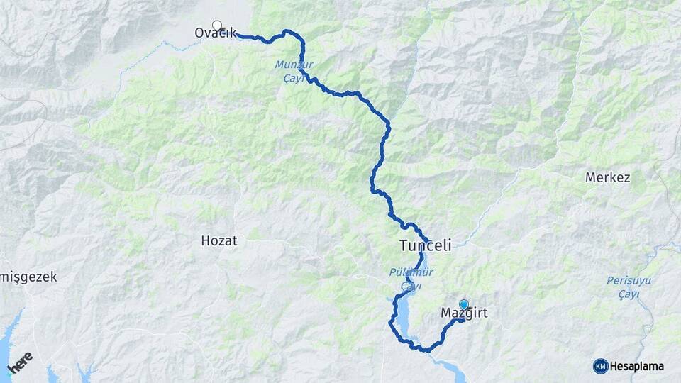 Tunceli Mazgirt Ovacık Arası Kaç Km - Yol Haritası
