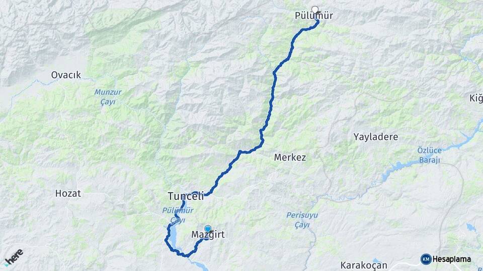 Tunceli Mazgirt Pülümür Arası Kaç Km - Yol Haritası