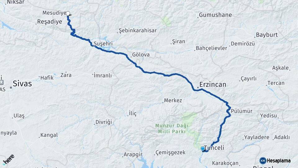 Tunceli Mesudiye Ordu Arası Kaç Km - Yol Haritası