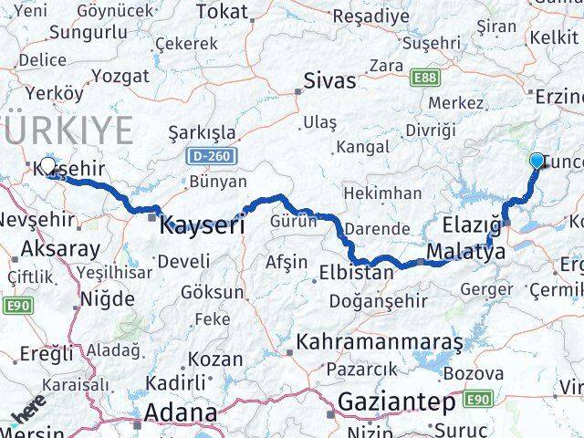Tunceli Mucur Kırşehir Arası Kaç Km - Yol Haritası