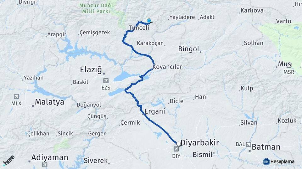 Tunceli Nazımiye Diyarbakır Arası Kaç Km - Yol Haritası