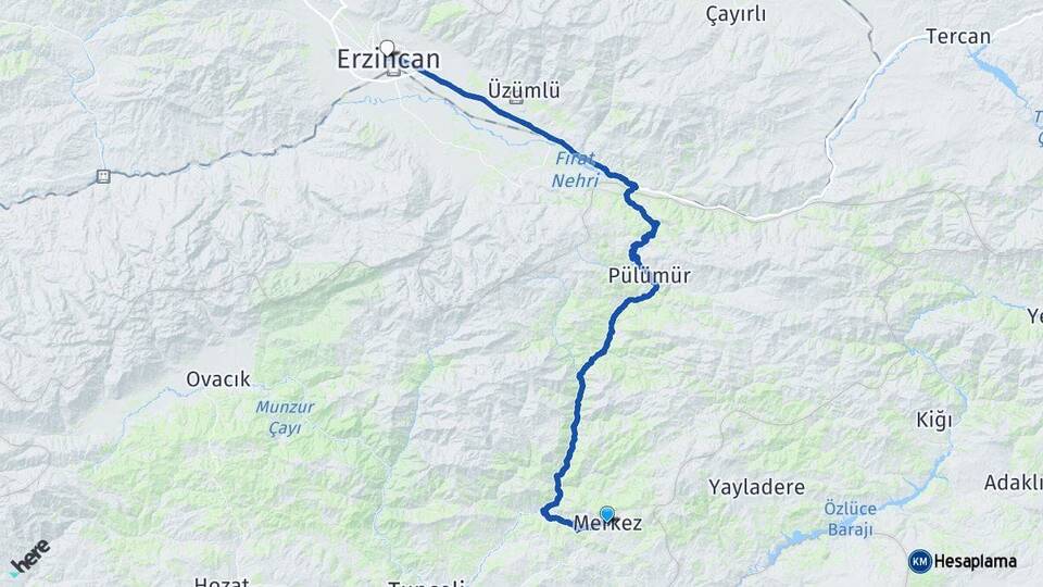 Tunceli Nazımiye Erzincan Arası Kaç Km - Yol Haritası
