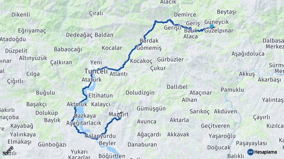 Tunceli Nazımiye Mazgirt Arası Kaç Km - Yol Haritası