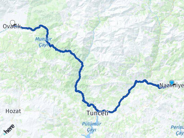Tunceli Nazımiye Ovacık Arası Kaç Km - Yol Haritası