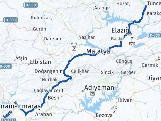 Tunceli Onikişubat Kahramanmaraş Arası Kaç Km - Yol Haritası