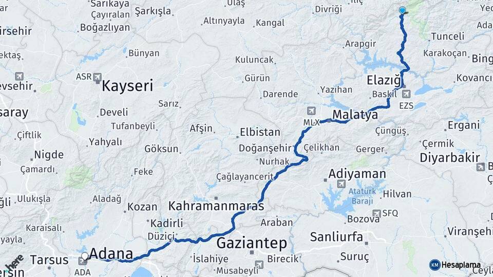 Tunceli Ovacık Adana Arası Kaç Km - Yol Haritası