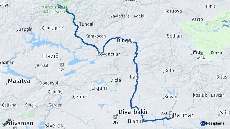 Tunceli Ovacık Batman Arası Kaç Km - Yol Haritası