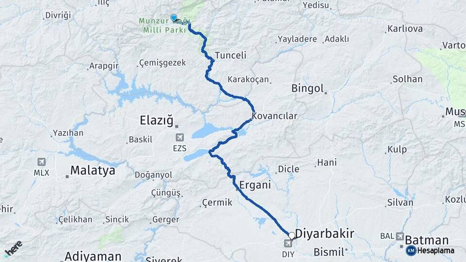 Tunceli Ovacık Diyarbakır Arası Kaç Km - Yol Haritası