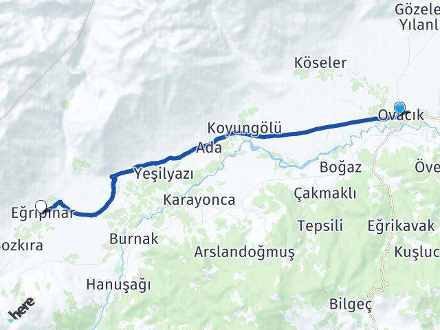Tunceli Ovacık Eğripınar Ovacık Arası Kaç Km - Yol Haritası