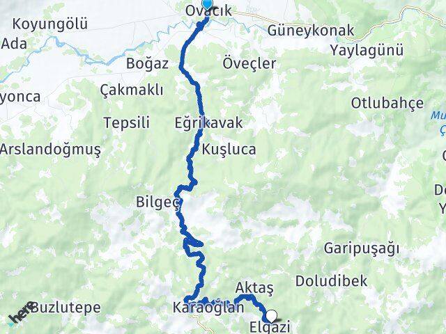 Tunceli Ovacık Elgazi Ovacık Arası Kaç Km - Yol Haritası