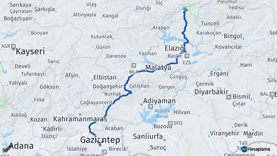 Tunceli Ovacık Gaziantep Arası Kaç Km - Yol Haritası