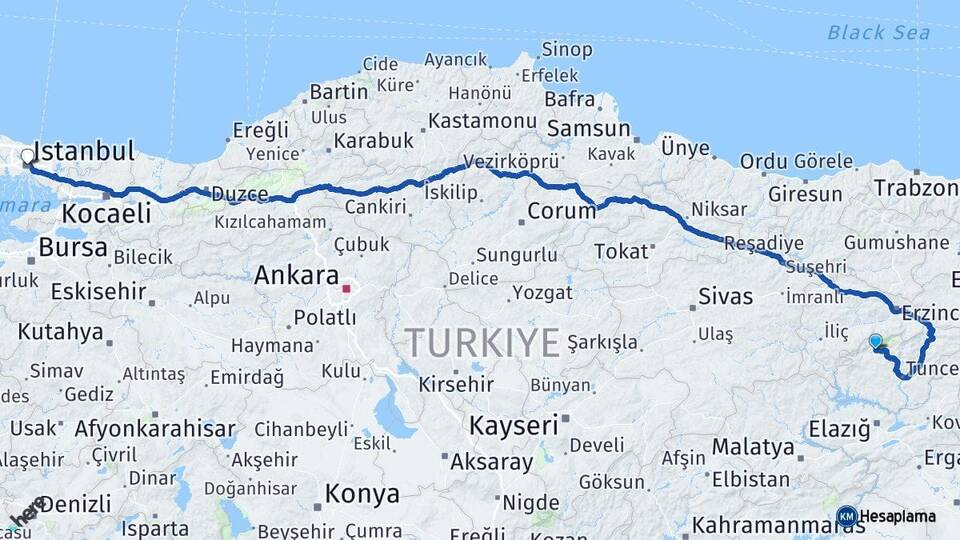 Tunceli Ovacık İstanbul Arası Kaç Km - Yol Haritası