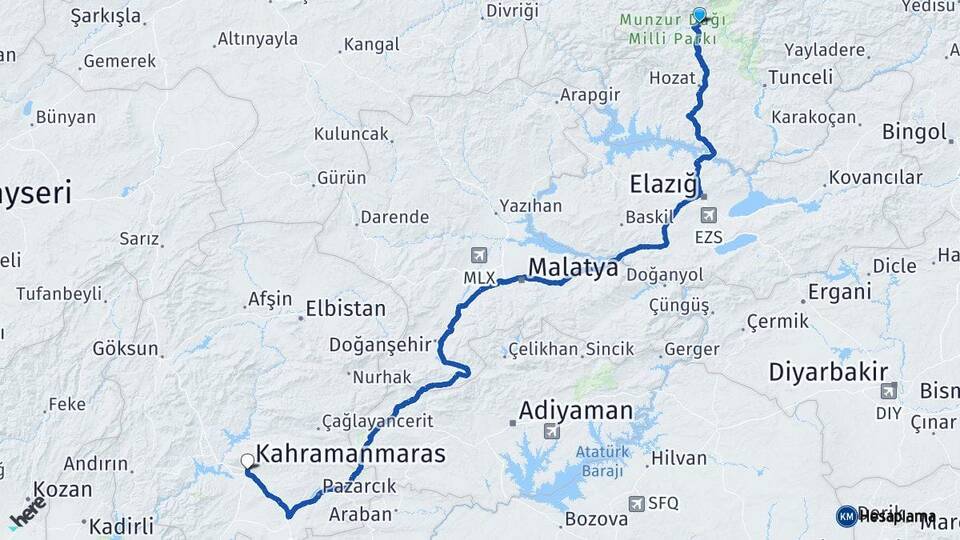 Tunceli Ovacık Kahramanmaraş Arası Kaç Km - Yol Haritası
