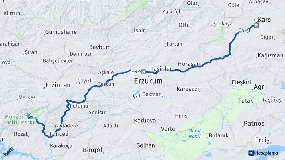 Tunceli Ovacık Kars Arası Kaç Km - Yol Haritası
