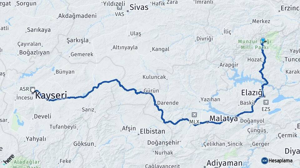 Tunceli Ovacık Kayseri Arası Kaç Km - Yol Haritası