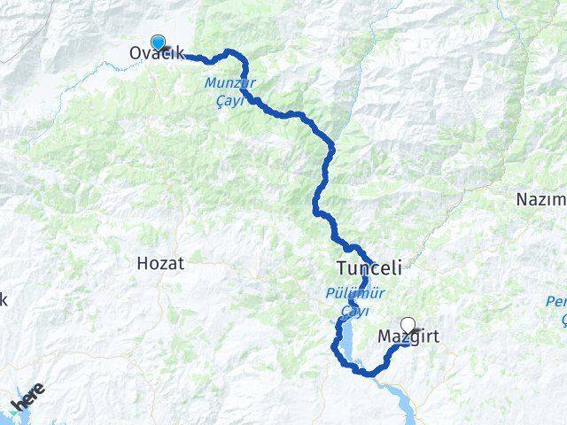Tunceli Ovacık Mazgirt Arası Kaç Km - Yol Haritası