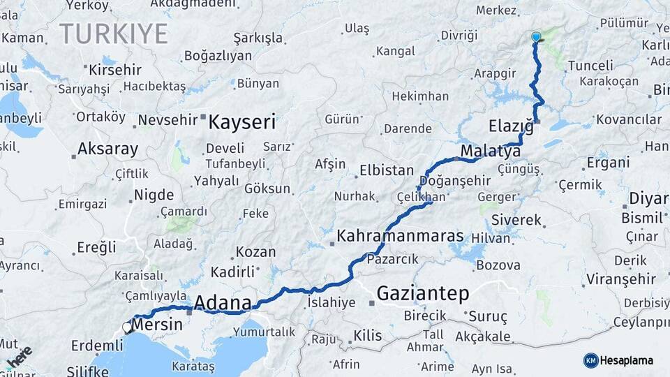 Tunceli Ovacık Mersin Arası Kaç Km - Yol Haritası