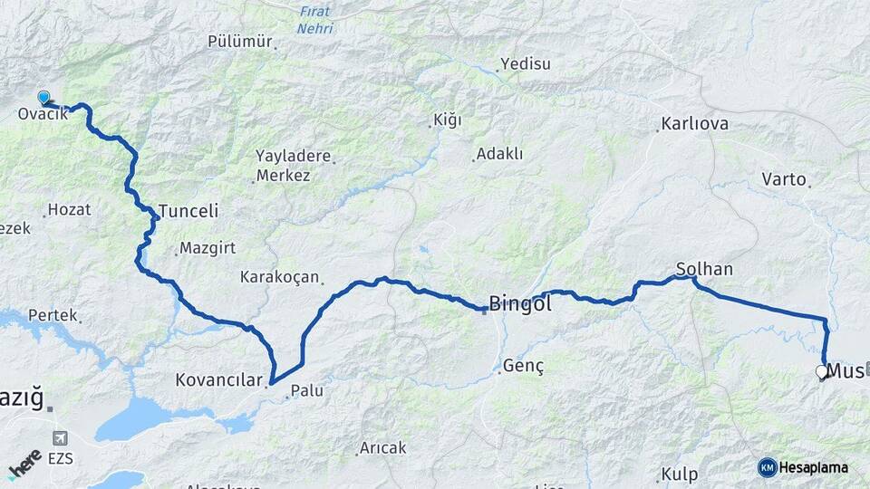 Tunceli Ovacık Muş Arası Kaç Km - Yol Haritası