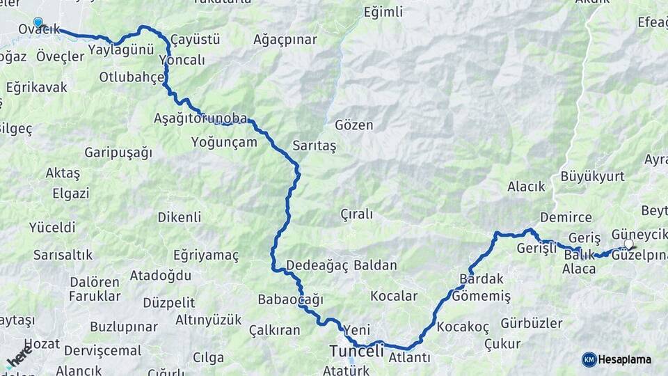 Tunceli Ovacık Nazımiye Arası Kaç Km - Yol Haritası