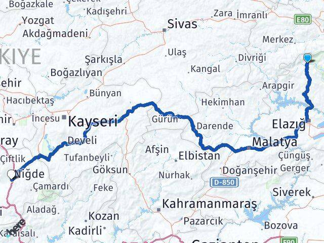 Tunceli Ovacık Niğde Arası Kaç Km - Yol Haritası
