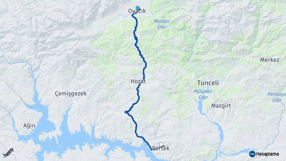 Tunceli Ovacık Pertek Arası Kaç Km - Yol Haritası