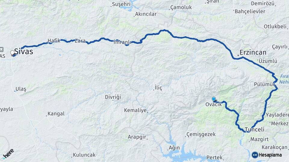 Tunceli Ovacık Sivas Arası Kaç Km - Yol Haritası