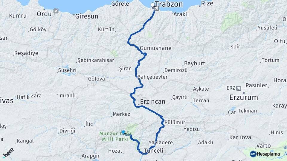 Tunceli Ovacık Trabzon Arası Kaç Km - Yol Haritası