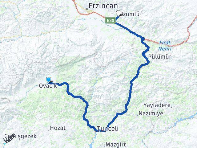 Tunceli Ovacık Üzümlü Erzincan Arası Kaç Km - Yol Haritası