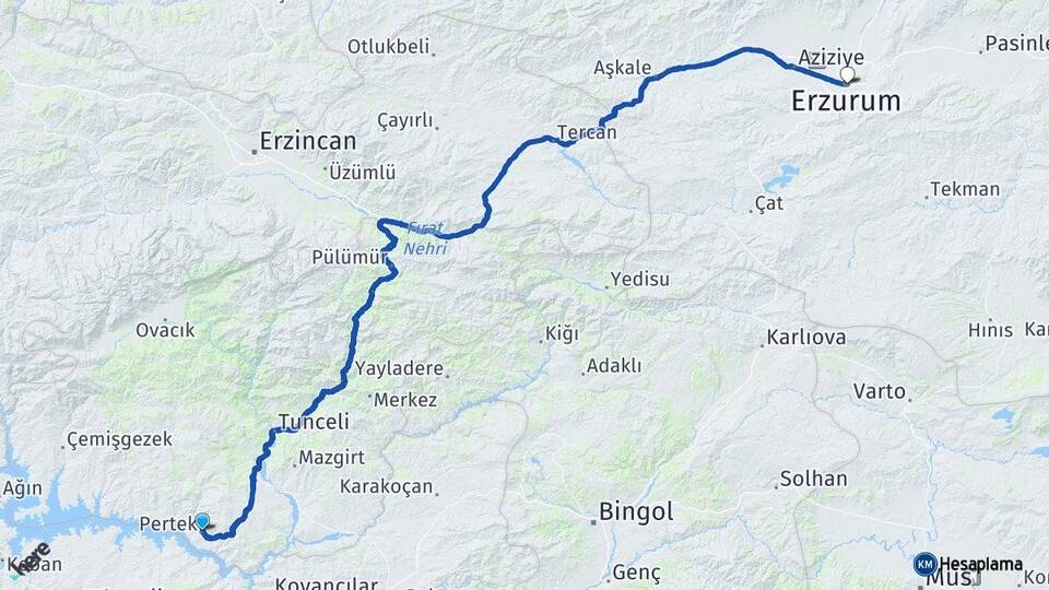 Tunceli Pertek Erzurum Arası Kaç Km - Yol Haritası