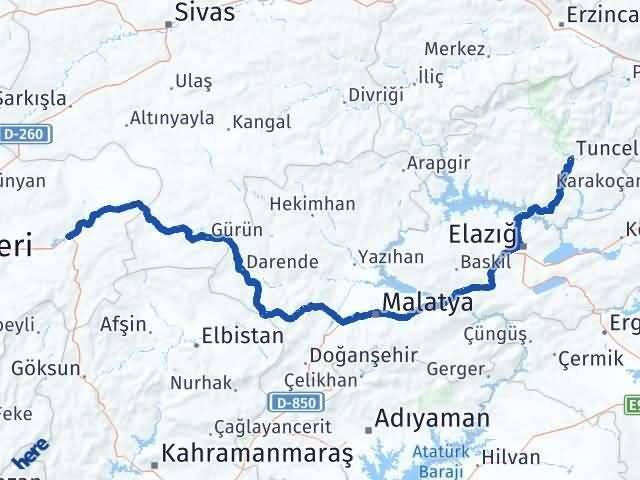 Tunceli Pınarbaşı Kayseri Arası Kaç Km - Yol Haritası