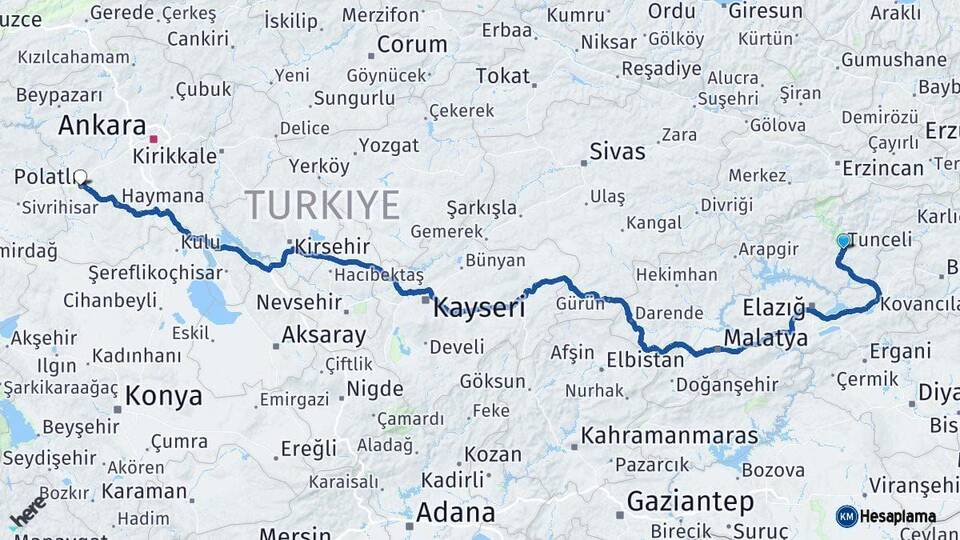 Tunceli Polatlı Ankara Arası Kaç Km - Yol Haritası