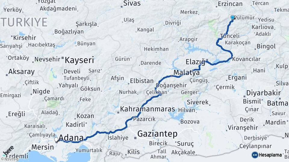 Tunceli Pülümür Adana Arası Kaç Km - Yol Haritası
