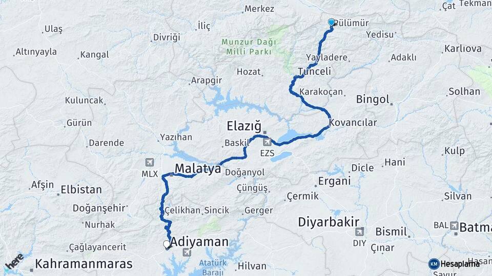 Tunceli Pülümür Adıyaman Arası Kaç Km - Yol Haritası