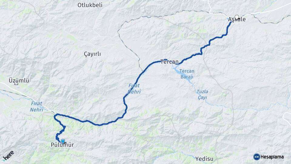 Tunceli Pülümür Aşkale Erzurum Arası Kaç Km - Yol Haritası