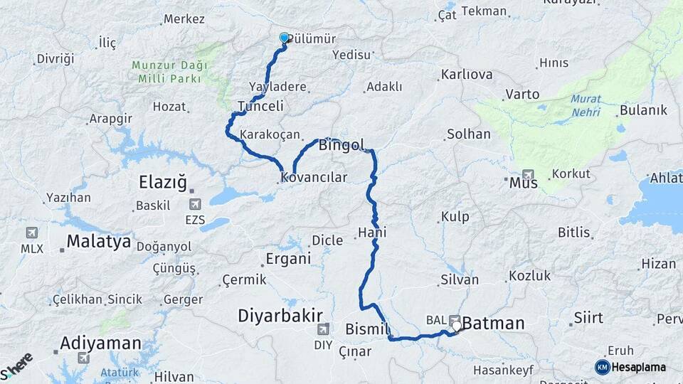 Tunceli Pülümür Batman Arası Kaç Km - Yol Haritası