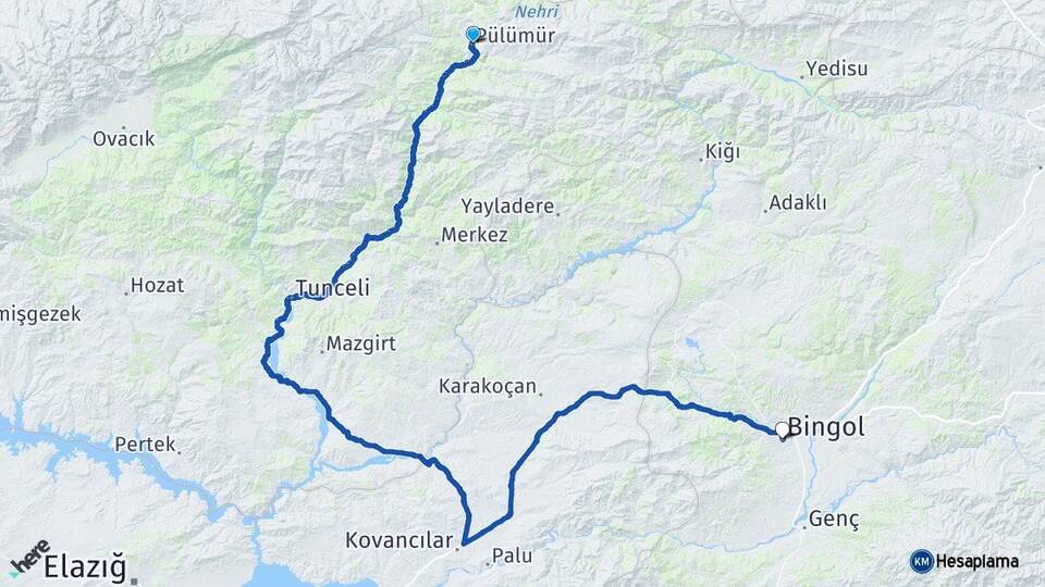 Tunceli Pülümür Bingöl Arası Kaç Km - Yol Haritası