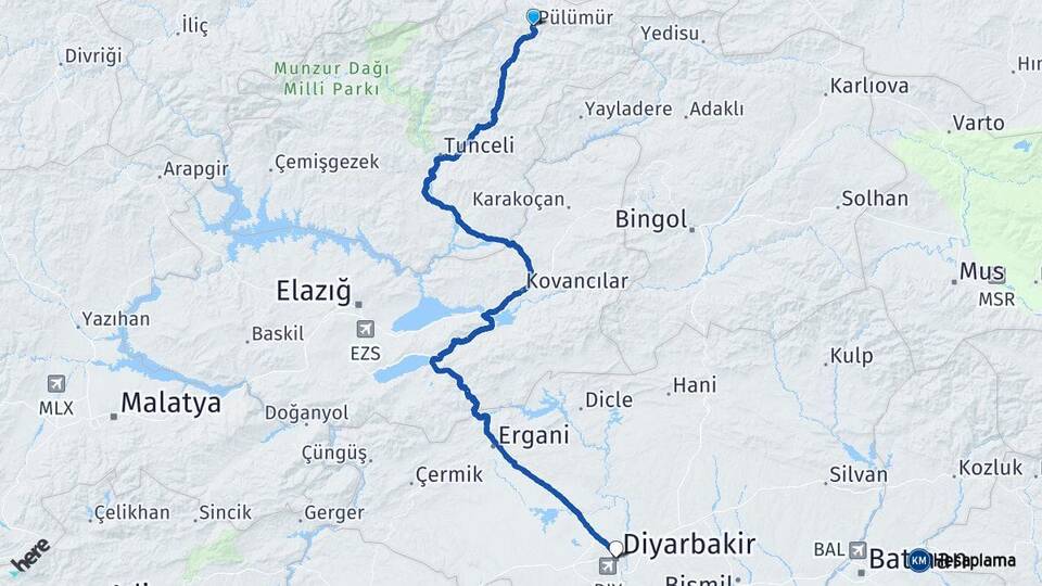 Tunceli Pülümür Diyarbakır Arası Kaç Km - Yol Haritası