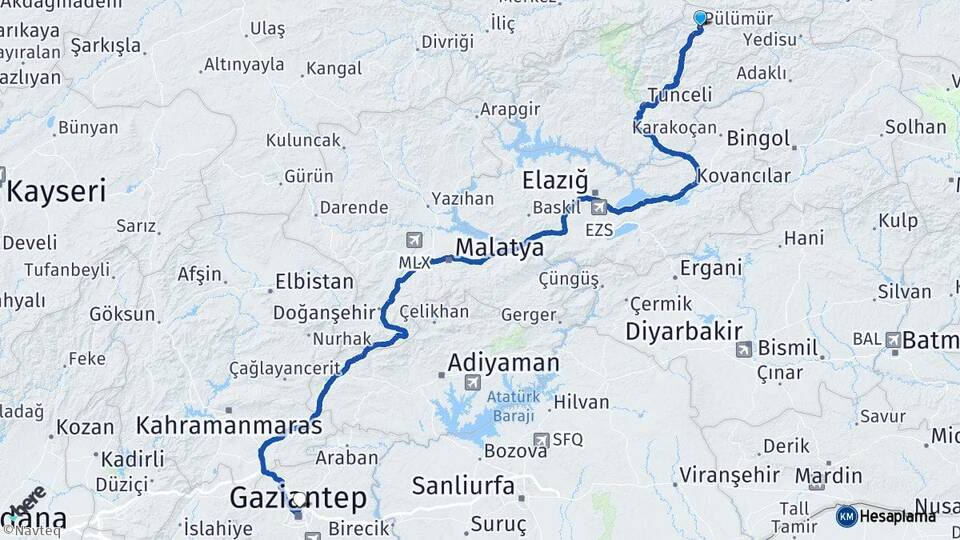 Tunceli Pülümür Gaziantep Arası Kaç Km - Yol Haritası