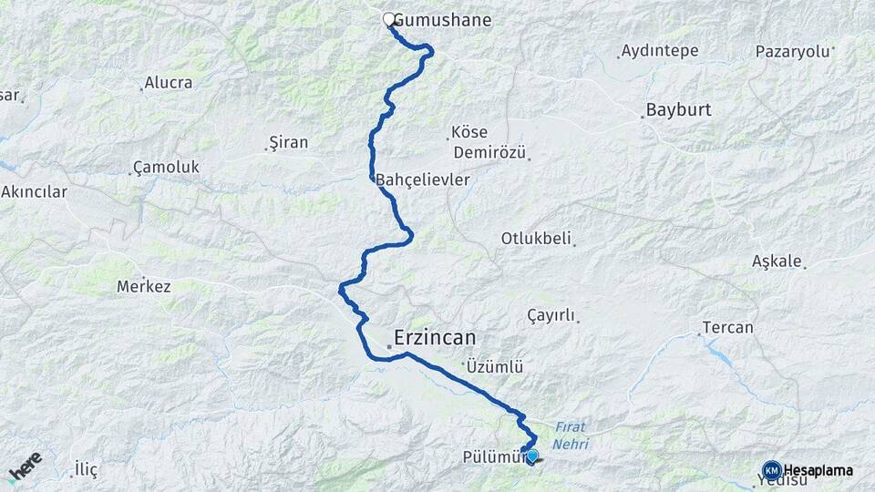 Tunceli Pülümür Gümüşhane Arası Kaç Km - Yol Haritası