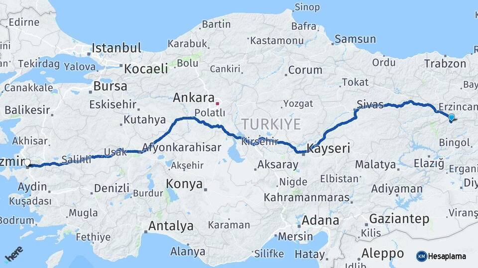 Tunceli Pülümür İzmir Arası Kaç Km - Yol Haritası