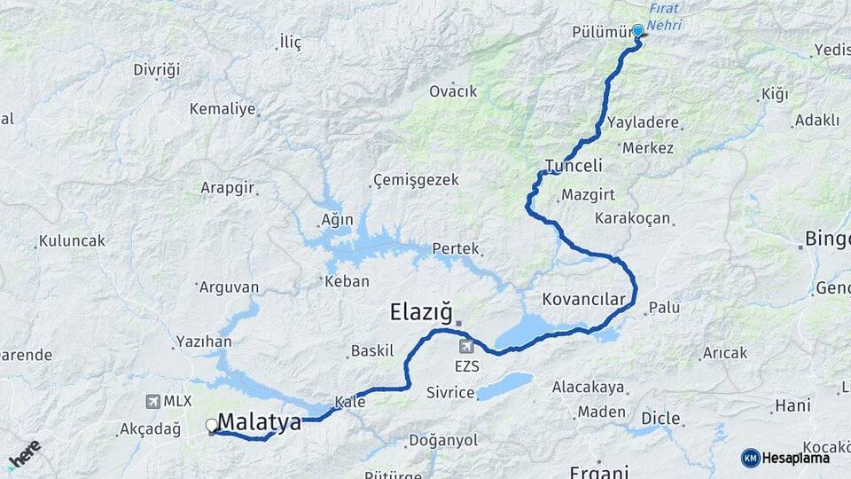 Tunceli Pülümür Malatya Arası Kaç Km - Yol Haritası