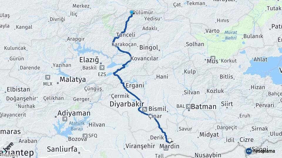 Tunceli Pülümür Mardin Arası Kaç Km - Yol Haritası