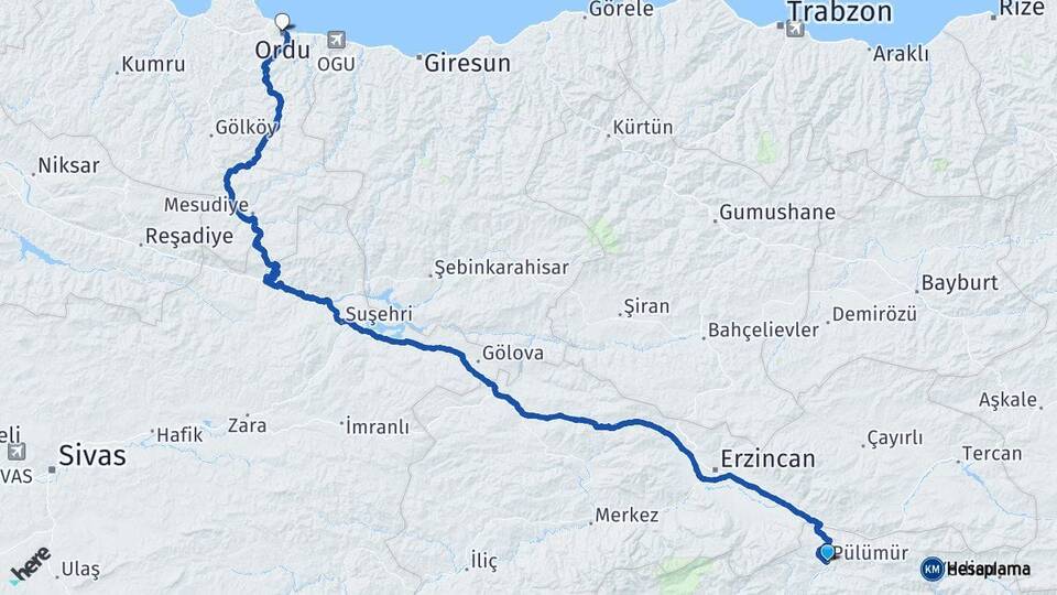 Tunceli Pülümür Ordu Arası Kaç Km - Yol Haritası