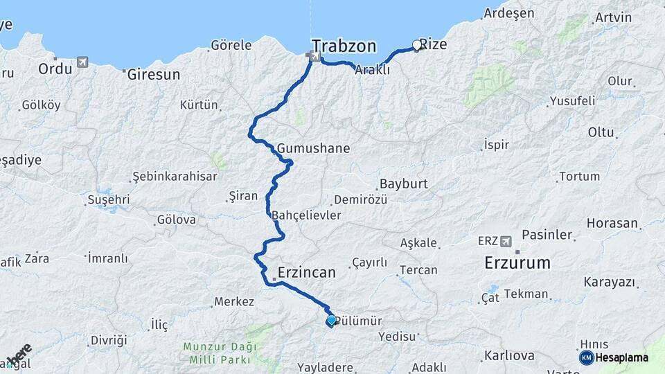 Tunceli Pülümür Rize Arası Kaç Km - Yol Haritası