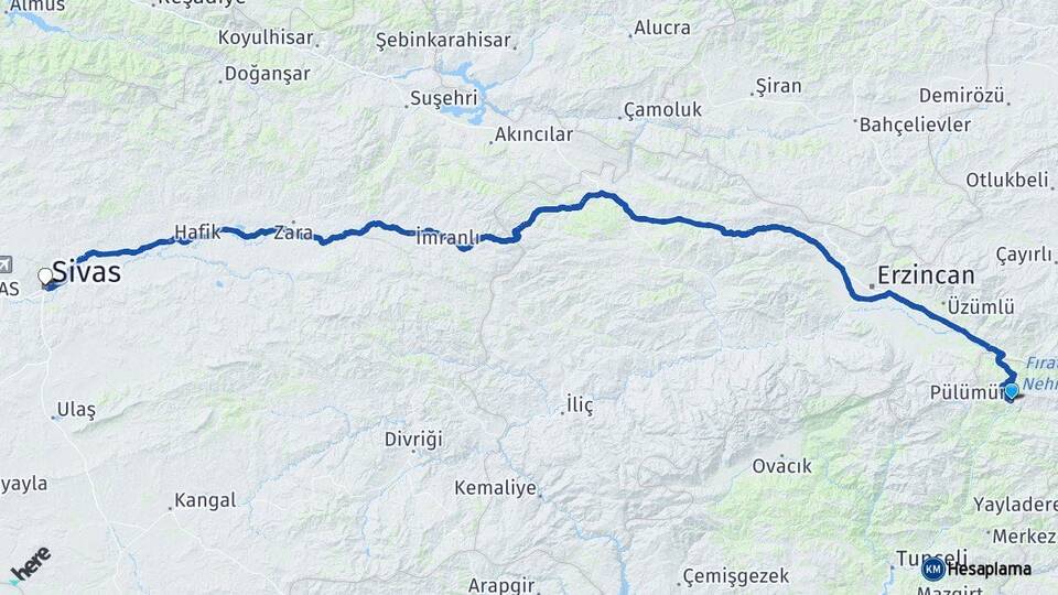 Tunceli Pülümür Sivas Arası Kaç Km - Yol Haritası