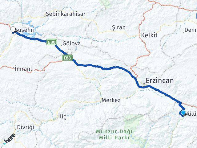 Tunceli Pülümür Suşehri Sivas Arası Kaç Km - Yol Haritası