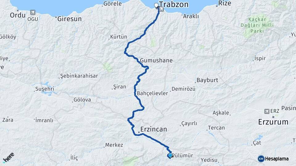 Tunceli Pülümür Trabzon Arası Kaç Km - Yol Haritası