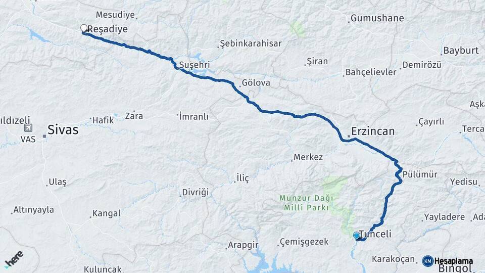 Tunceli Reşadiye Tokat Arası Kaç Km - Yol Haritası