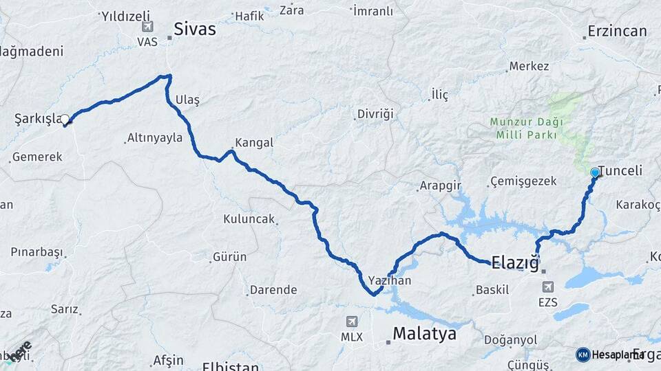 Tunceli Şarkışla Sivas Arası Kaç Km - Yol Haritası