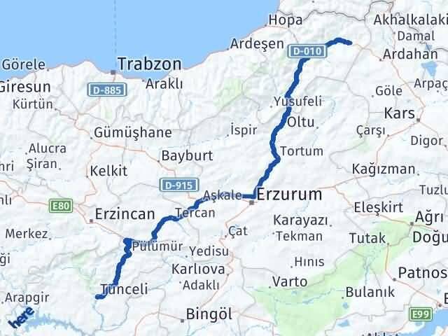 Tunceli Şavşat Artvin Arası Kaç Km - Yol Haritası